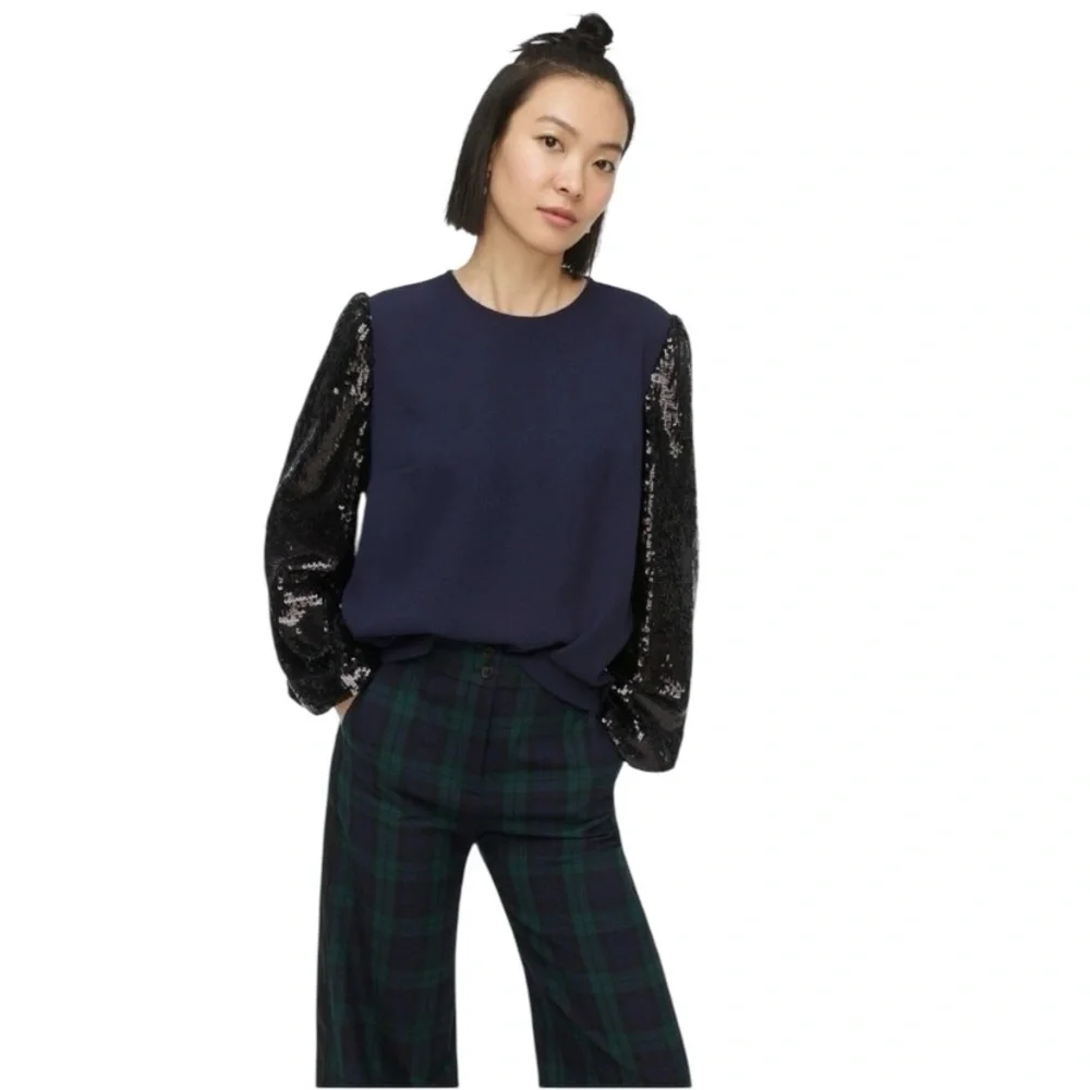 NWT J Crew Small Elegant Navy Blue Keyhole Party Top with Black Sequin Sleeves